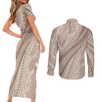 Polynesian Puakeniken Pikake Twisted Lei Couples Matching Short Sleeve Bodycon Dress and Long Sleeve Button Shirt Beige - Polynesian Pride