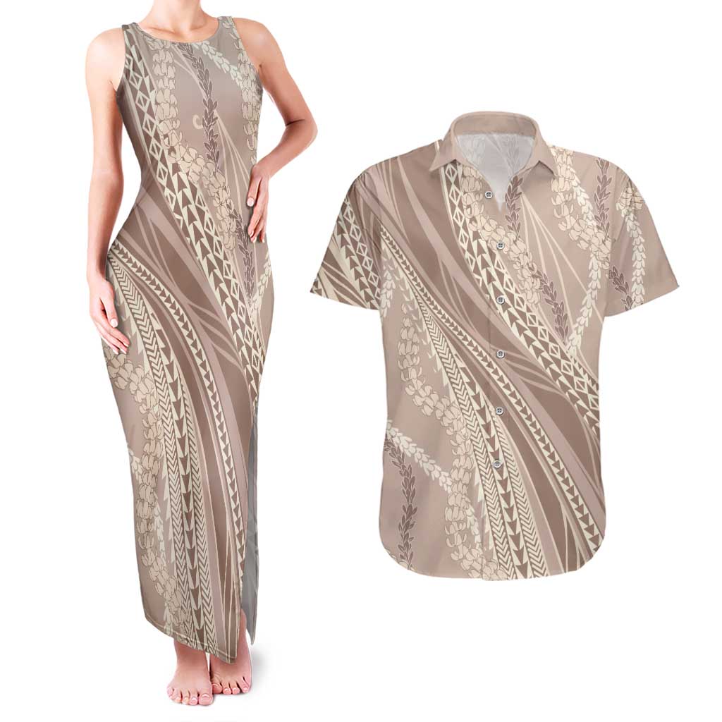 Polynesian Puakeniken Pikake Twisted Lei Couples Matching Tank Maxi Dress and Hawaiian Shirt Beige LT7 Beige - Polynesian Pride