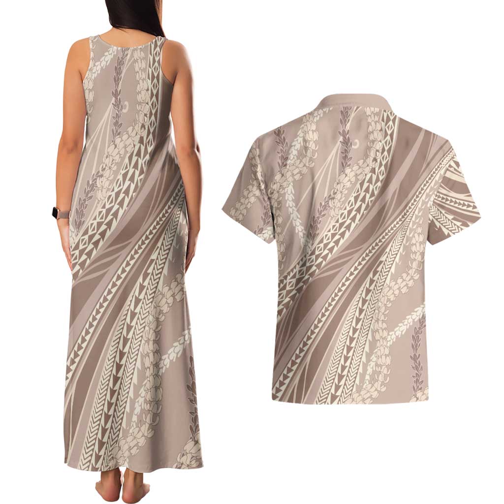 Polynesian Puakeniken Pikake Twisted Lei Couples Matching Tank Maxi Dress and Hawaiian Shirt Beige LT7 - Polynesian Pride
