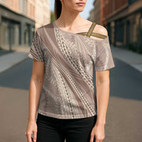 Polynesian Puakeniken Pikake Twisted Lei Cross Shoulder Shirt Beige - Polynesian Pride