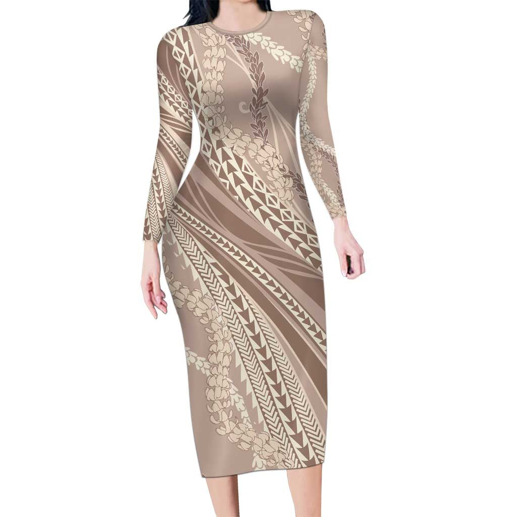 Polynesian Puakeniken Pikake Twisted Lei Family Matching Long Sleeve Bodycon Dress and Hawaiian Shirt Beige LT7 Mom's Dress Beige - Polynesian Pride