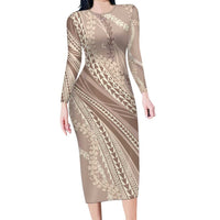 Polynesian Puakeniken Pikake Twisted Lei Family Matching Long Sleeve Bodycon Dress and Hawaiian Shirt Beige LT7 Mom's Dress Beige - Polynesian Pride