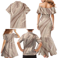 Polynesian Puakeniken Pikake Twisted Lei Family Matching Mermaid Dress and Hawaiian Shirt Beige LT7 - Polynesian Pride