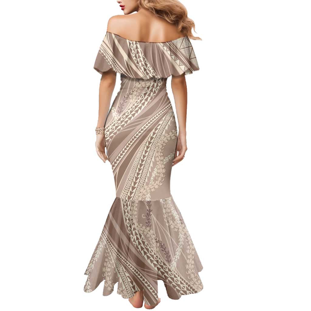 Polynesian Puakeniken Pikake Twisted Lei Family Matching Mermaid Dress and Hawaiian Shirt Beige LT7 - Polynesian Pride