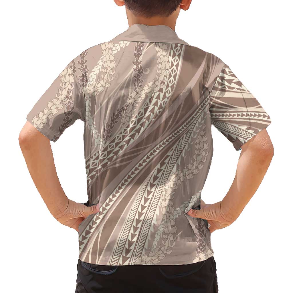 Polynesian Puakeniken Pikake Twisted Lei Family Matching Off The Shoulder Long Sleeve Dress and Hawaiian Shirt Beige LT7 - Polynesian Pride