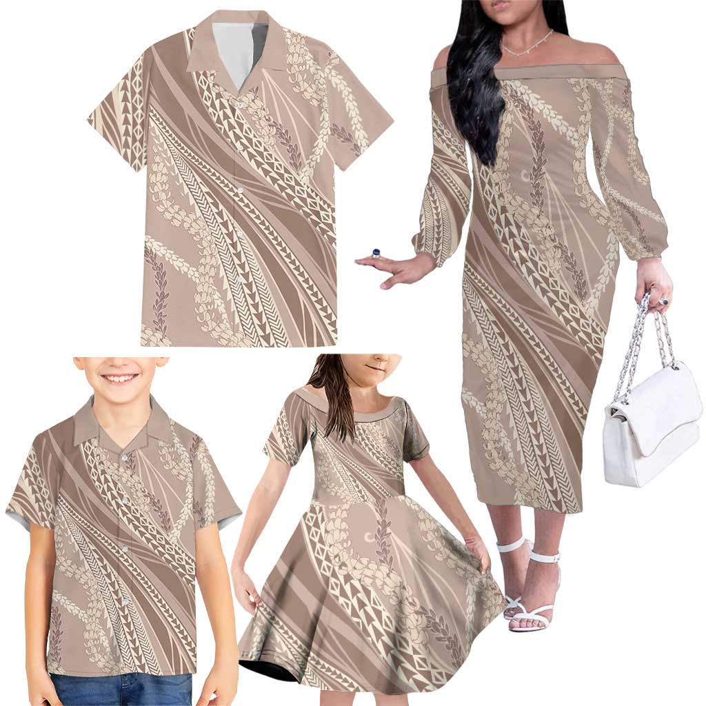 Polynesian Puakeniken Pikake Twisted Lei Family Matching Off The Shoulder Long Sleeve Dress and Hawaiian Shirt Beige LT7 - Polynesian Pride