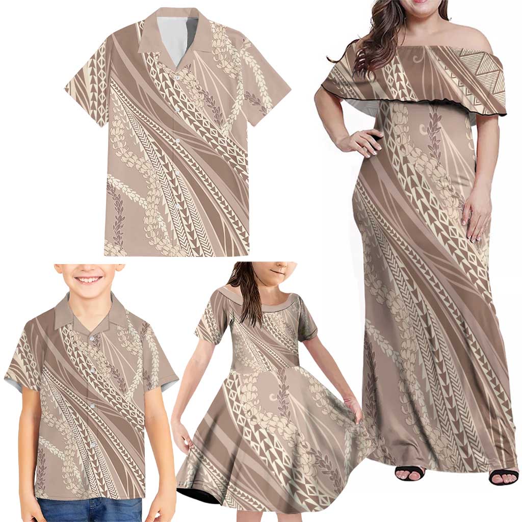 Polynesian Puakeniken Pikake Twisted Lei Family Matching Off Shoulder Maxi Dress and Hawaiian Shirt Beige LT7 - Polynesian Pride