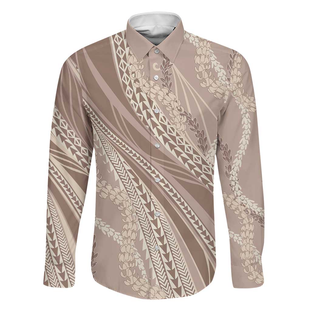 Polynesian Puakeniken Pikake Twisted Lei Family Matching Off Shoulder Maxi Dress and Hawaiian Shirt Beige LT7 Dad's Shirt - Long Sleeve Beige - Polynesian Pride