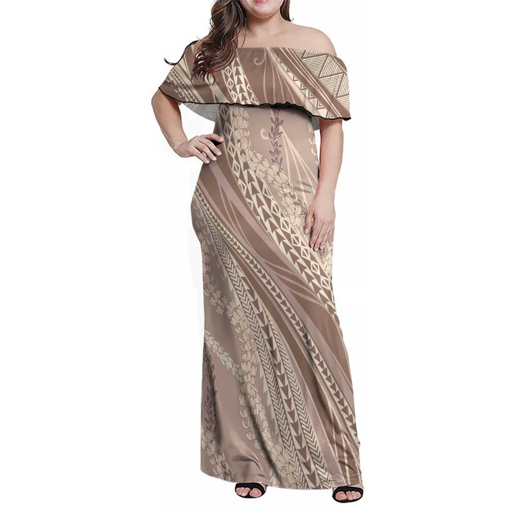 Polynesian Puakeniken Pikake Twisted Lei Family Matching Off Shoulder Maxi Dress and Hawaiian Shirt Beige LT7 Mom's Dress Beige - Polynesian Pride