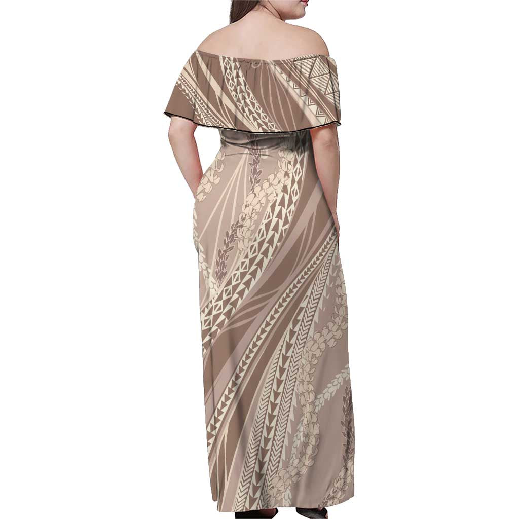 Polynesian Puakeniken Pikake Twisted Lei Family Matching Off Shoulder Maxi Dress and Hawaiian Shirt Beige LT7 - Polynesian Pride