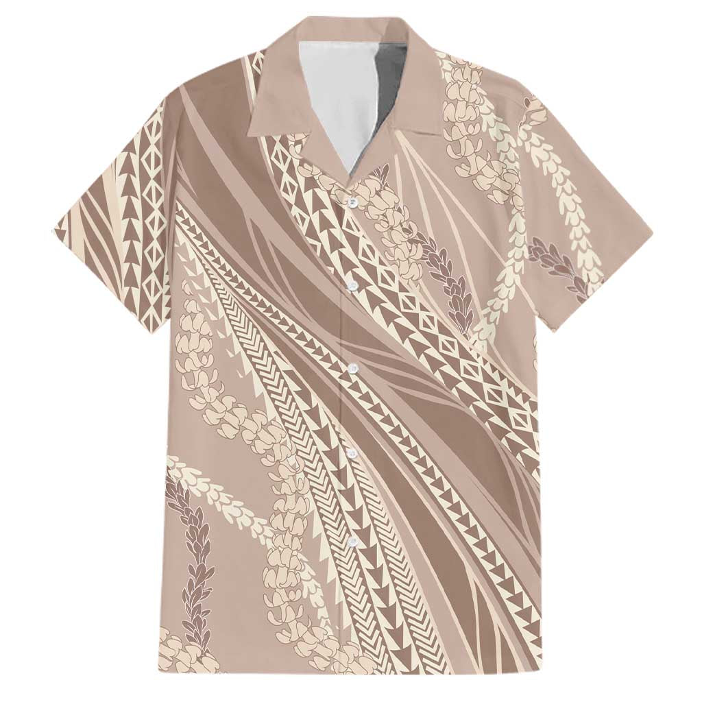 Polynesian Puakeniken Pikake Twisted Lei Family Matching Puletasi and Hawaiian Shirt Beige - Polynesian Pride