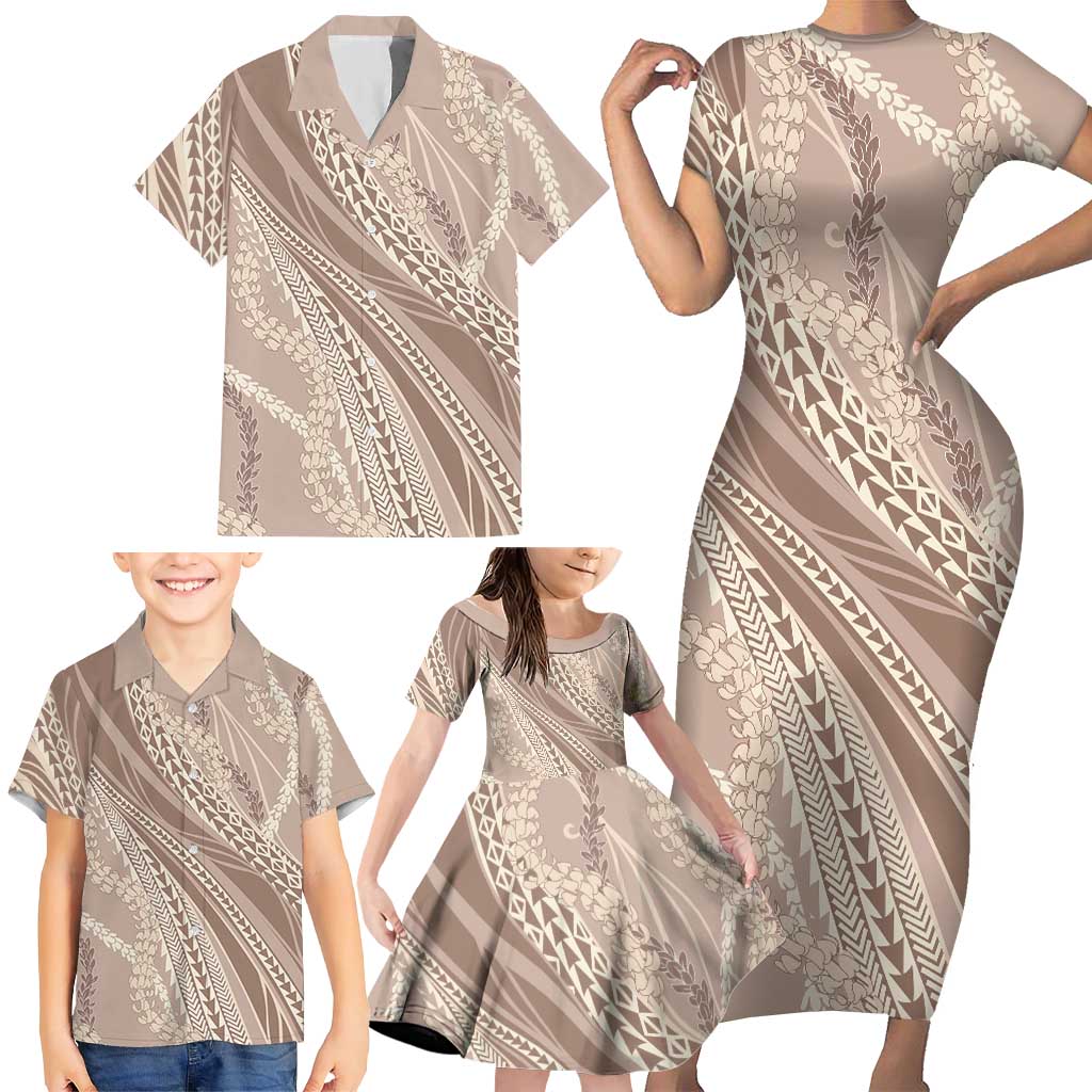 Polynesian Puakeniken Pikake Twisted Lei Family Matching Short Sleeve Bodycon Dress and Hawaiian Shirt Beige LT7 - Polynesian Pride