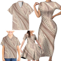 Polynesian Puakeniken Pikake Twisted Lei Family Matching Short Sleeve Bodycon Dress and Hawaiian Shirt Beige LT7 - Polynesian Pride