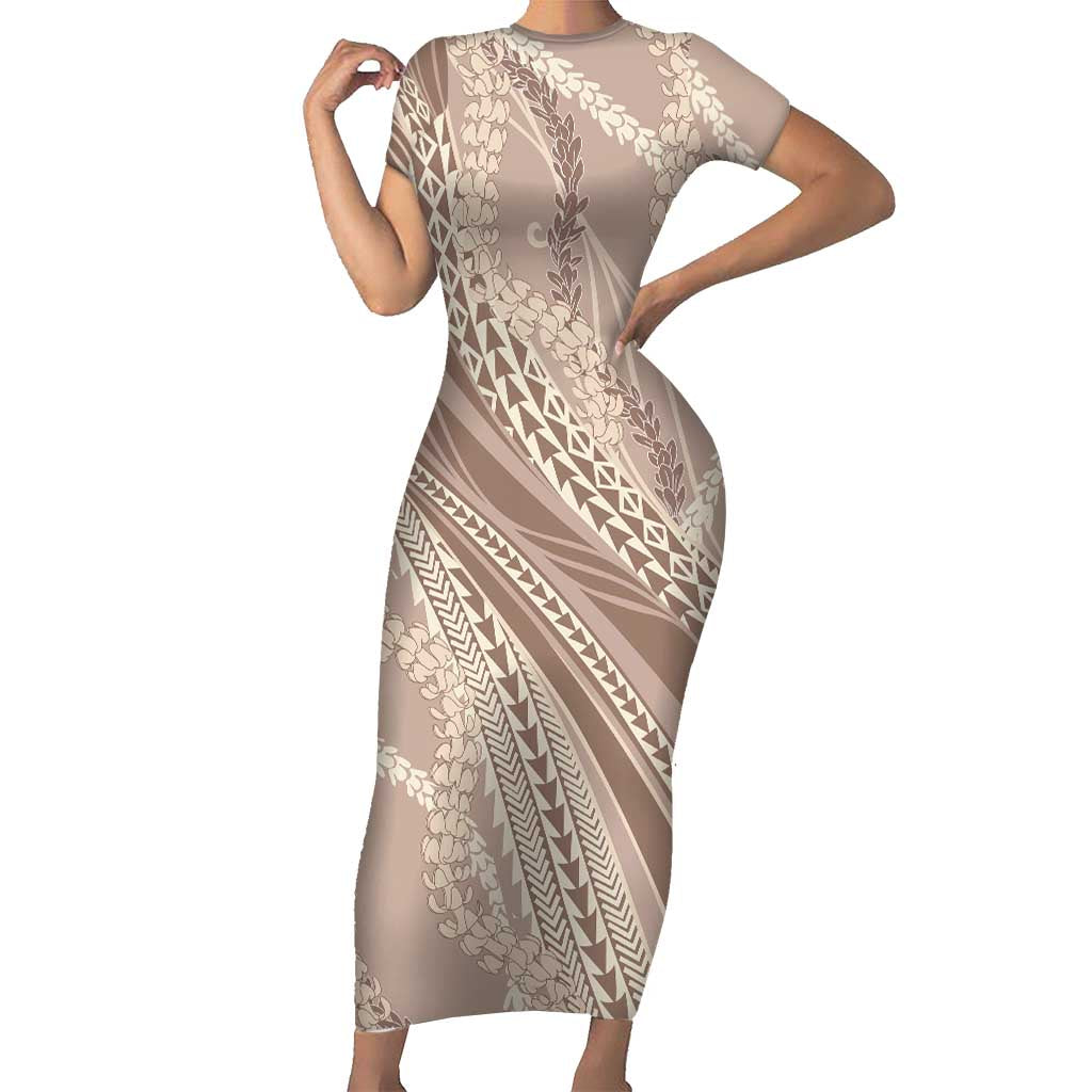 Polynesian Puakeniken Pikake Twisted Lei Family Matching Short Sleeve Bodycon Dress and Hawaiian Shirt Beige LT7 Mom's Dress Beige - Polynesian Pride