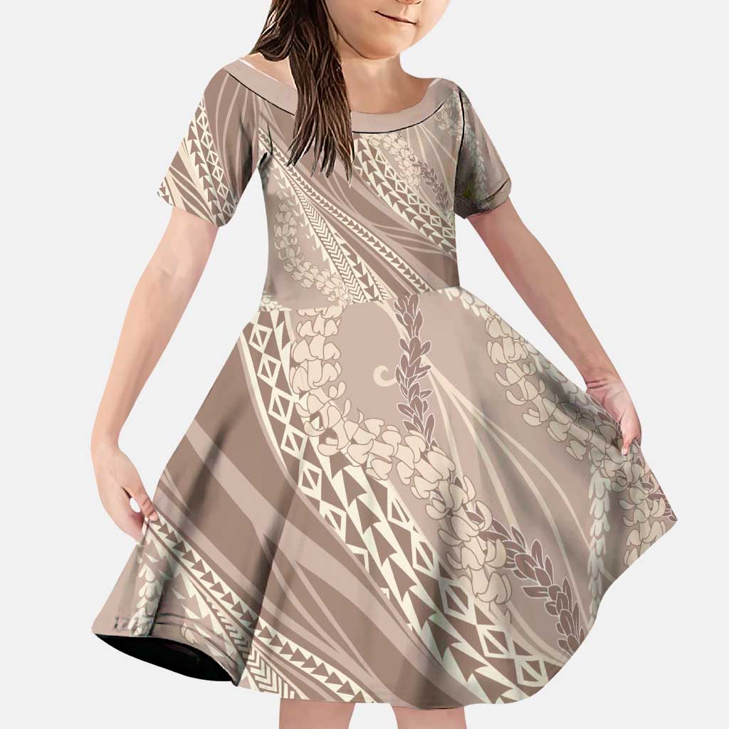Polynesian Puakeniken Pikake Twisted Lei Family Matching Summer Maxi Dress and Hawaiian Shirt Beige LT7 Daughter's Dress Beige - Polynesian Pride