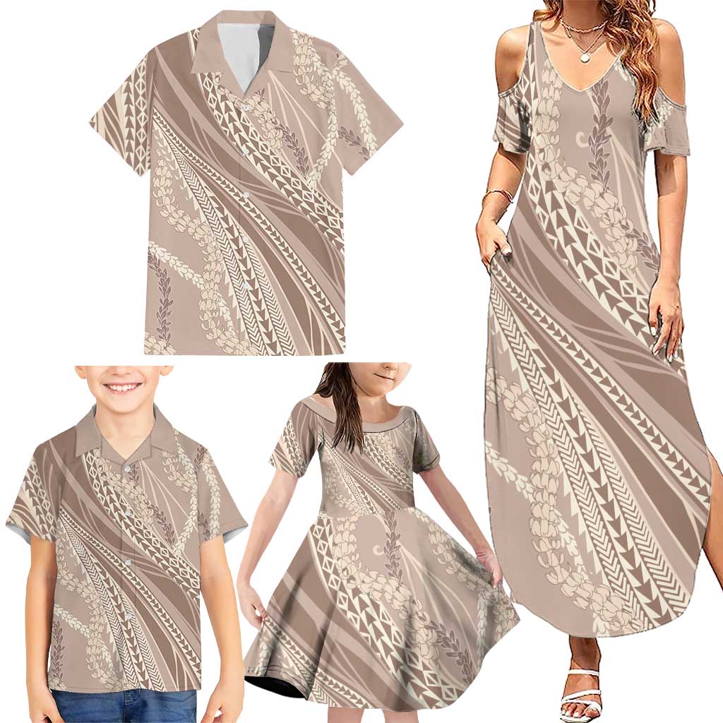 Polynesian Puakeniken Pikake Twisted Lei Family Matching Summer Maxi Dress and Hawaiian Shirt Beige LT7 - Polynesian Pride