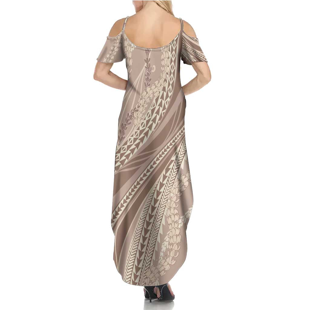 Polynesian Puakeniken Pikake Twisted Lei Family Matching Summer Maxi Dress and Hawaiian Shirt Beige LT7 - Polynesian Pride