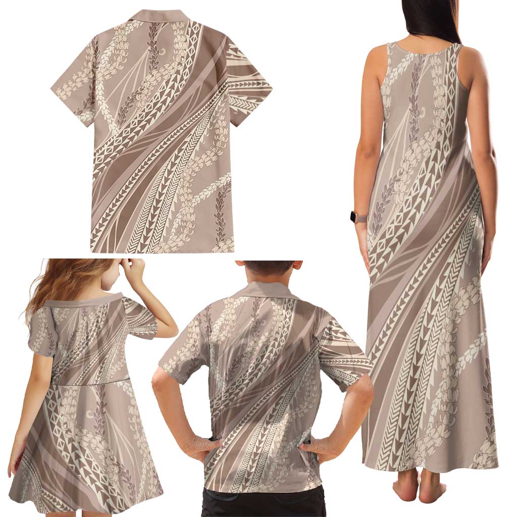 Polynesian Puakeniken Pikake Twisted Lei Family Matching Tank Maxi Dress and Hawaiian Shirt Beige LT7 - Polynesian Pride