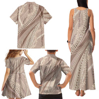 Polynesian Puakeniken Pikake Twisted Lei Family Matching Tank Maxi Dress and Hawaiian Shirt Beige LT7 - Polynesian Pride