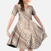 Polynesian Puakeniken Pikake Twisted Lei Kid Short Sleeve Dress Beige - Polynesian Pride