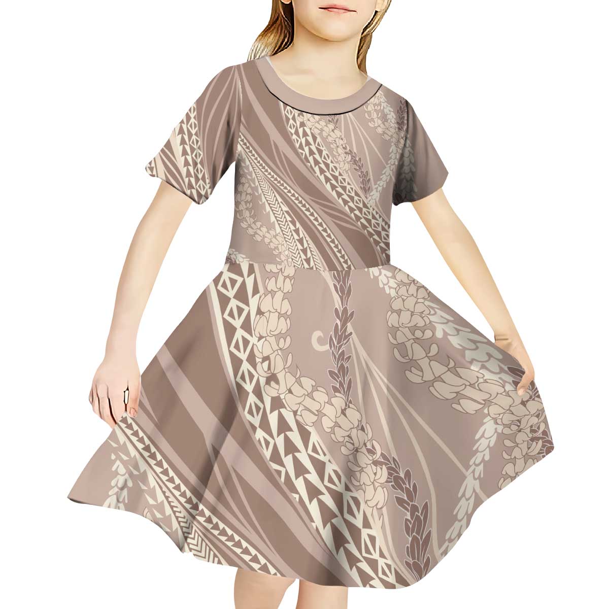 Polynesian Puakeniken Pikake Twisted Lei Kid Short Sleeve Dress Beige - Polynesian Pride