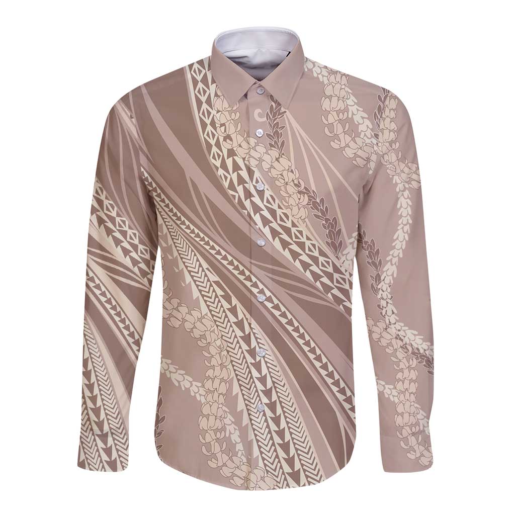 Polynesian Puakeniken Pikake Twisted Lei Long Sleeve Button Shirt Beige LT7 Unisex Beige - Polynesian Pride