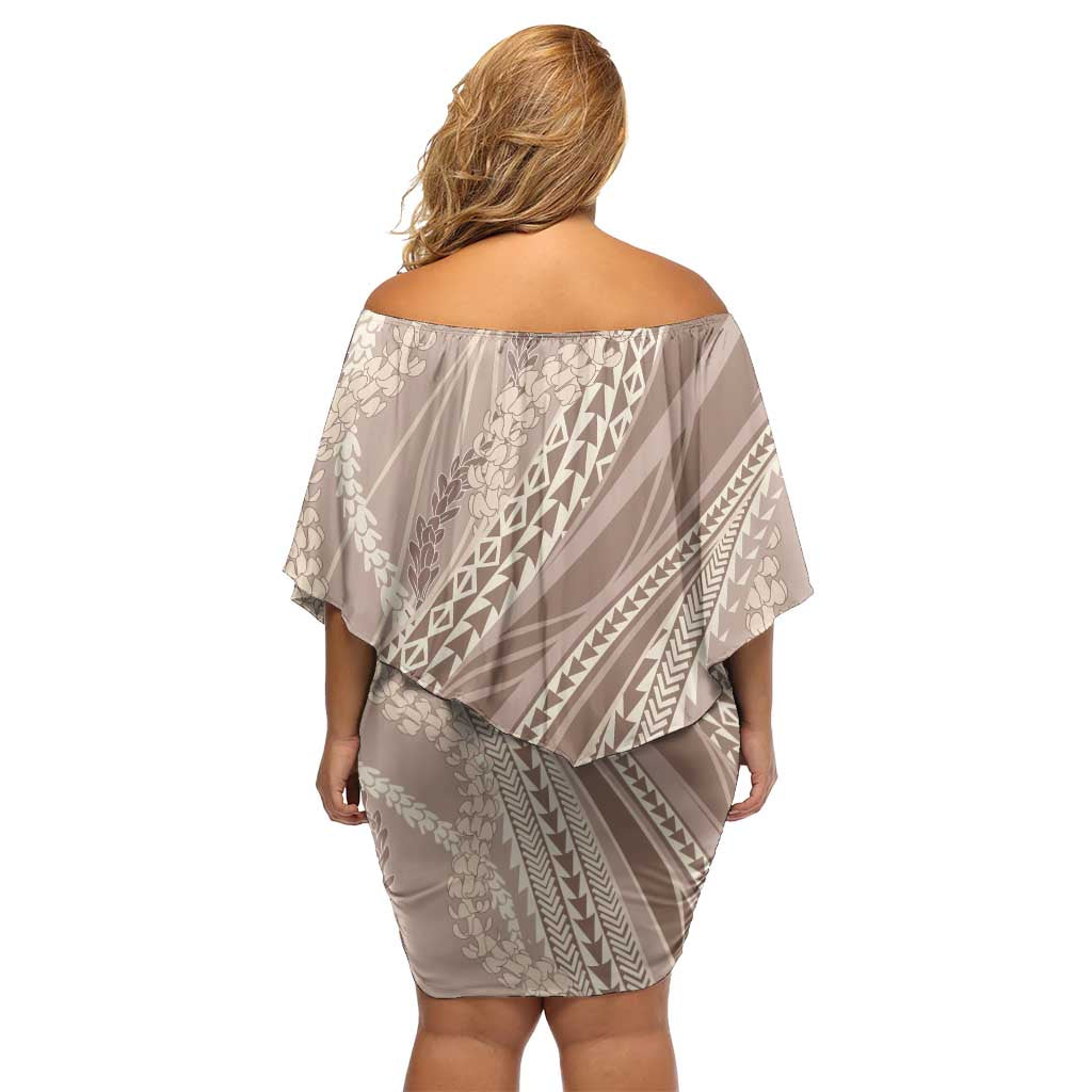 Polynesian Puakeniken Pikake Twisted Lei Off Shoulder Short Dress Beige - Polynesian Pride