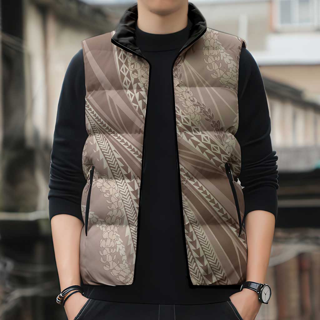 Polynesian Puakeniken Pikake Twisted Lei Sleeveless Puffer Jacket Beige - Polynesian Pride