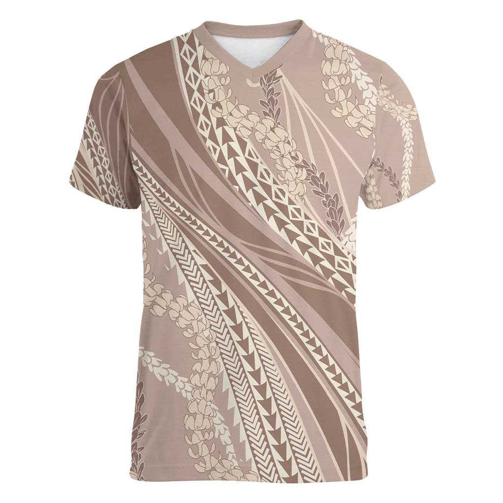 Polynesian Puakeniken Pikake Twisted Lei Women V-Neck T-Shirt Beige - Polynesian Pride