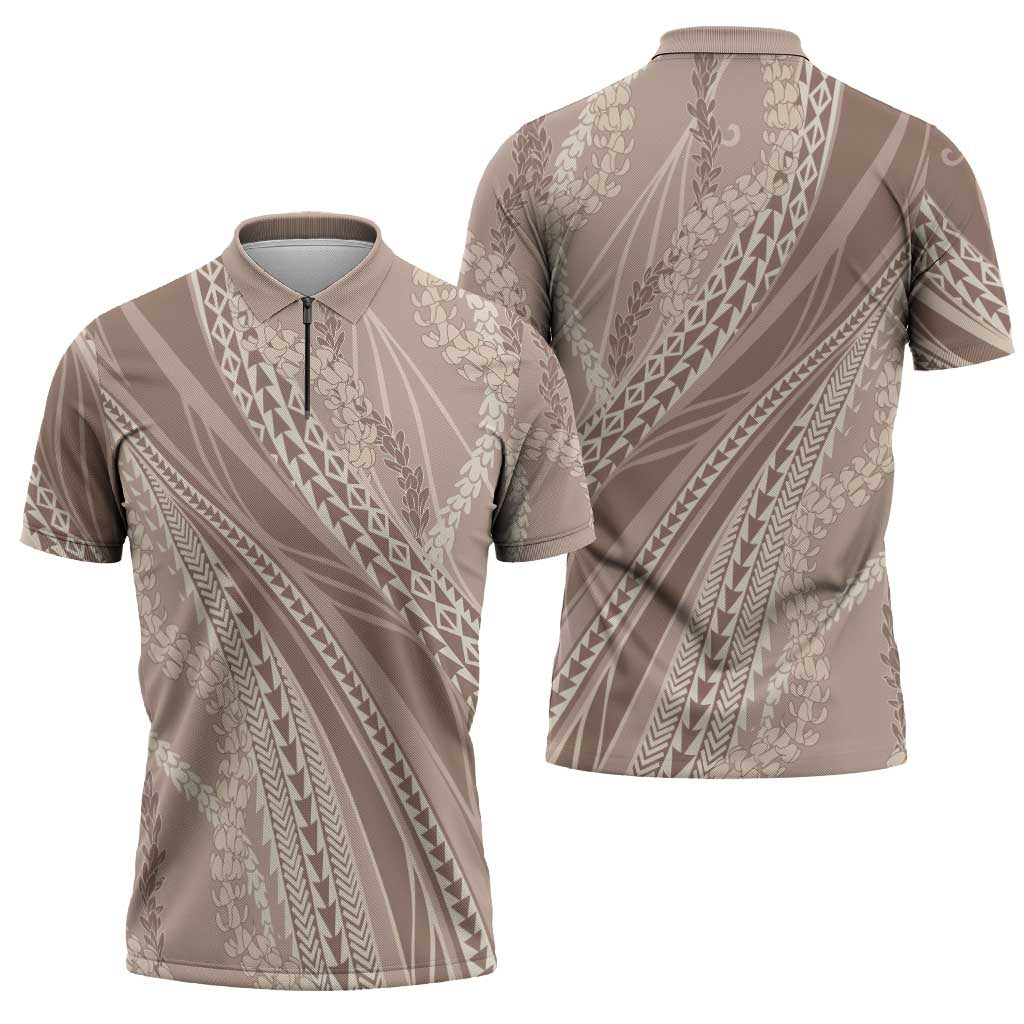 Polynesian Puakeniken Pikake Twisted Lei Zipper Polo Shirt Beige - Polynesian Pride