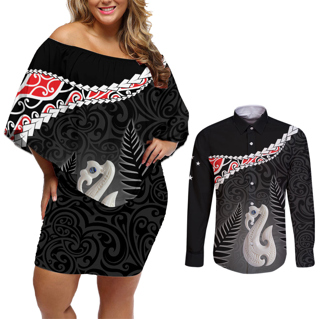 Personalised New Zealand Maori Couples Matching Off Shoulder Short Dress and Long Sleeve Button Shirt Manaia Mix Koru LT7 Black - Polynesian Pride