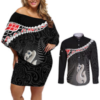 Personalised New Zealand Maori Couples Matching Off Shoulder Short Dress and Long Sleeve Button Shirt Manaia Mix Koru LT7 Black - Polynesian Pride