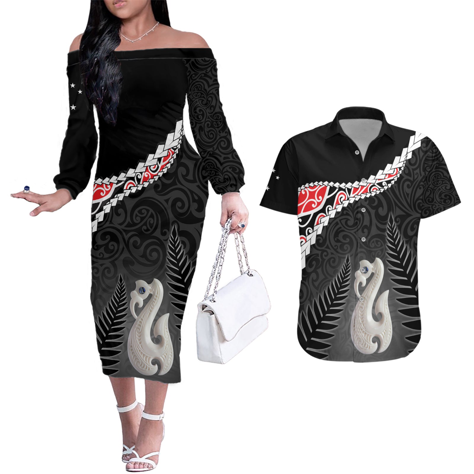 Personalised New Zealand Maori Couples Matching Off The Shoulder Long Sleeve Dress and Hawaiian Shirt Manaia Mix Koru LT7 Black - Polynesian Pride