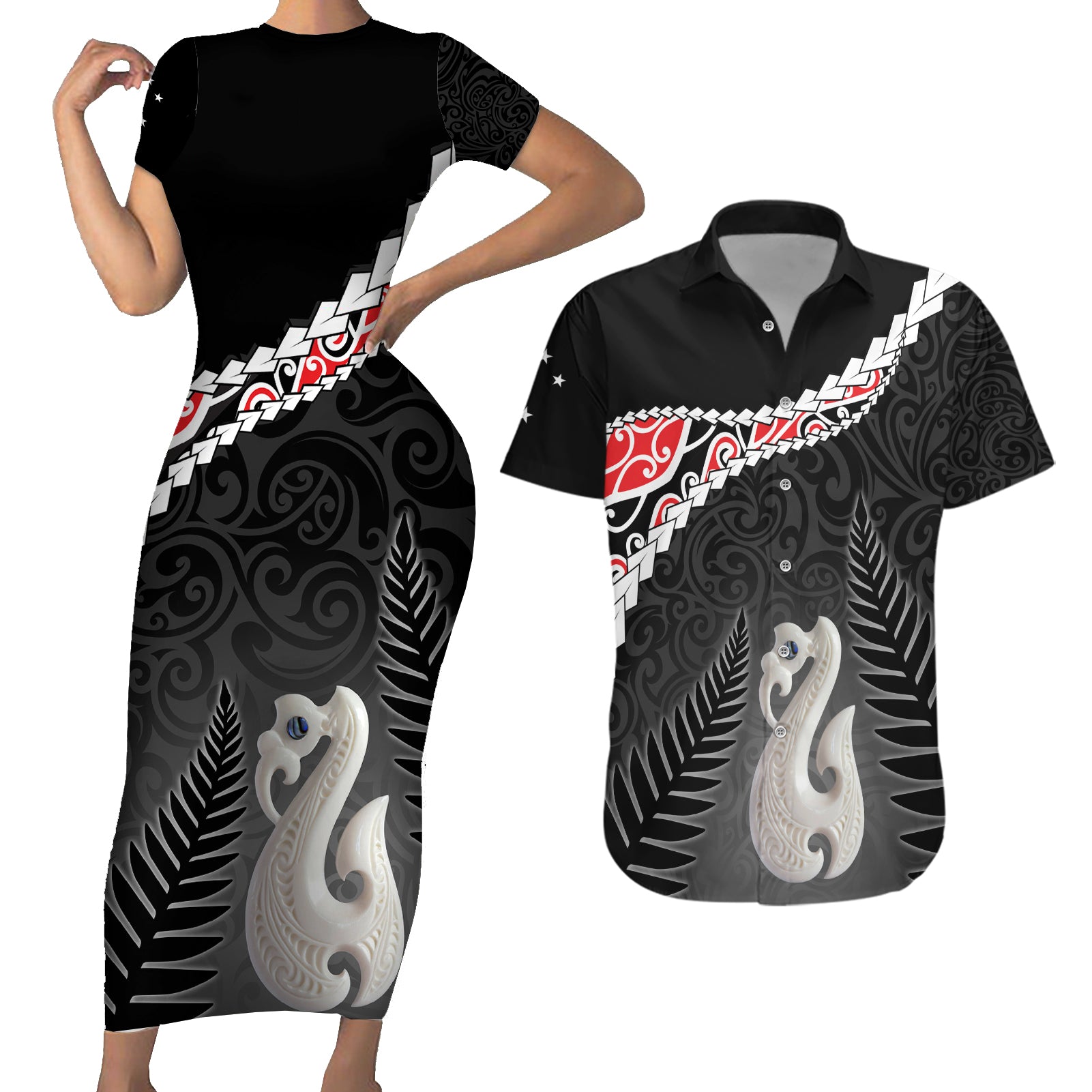 Personalised New Zealand Maori Couples Matching Short Sleeve Bodycon Dress and Hawaiian Shirt Manaia Mix Koru LT7 Black - Polynesian Pride