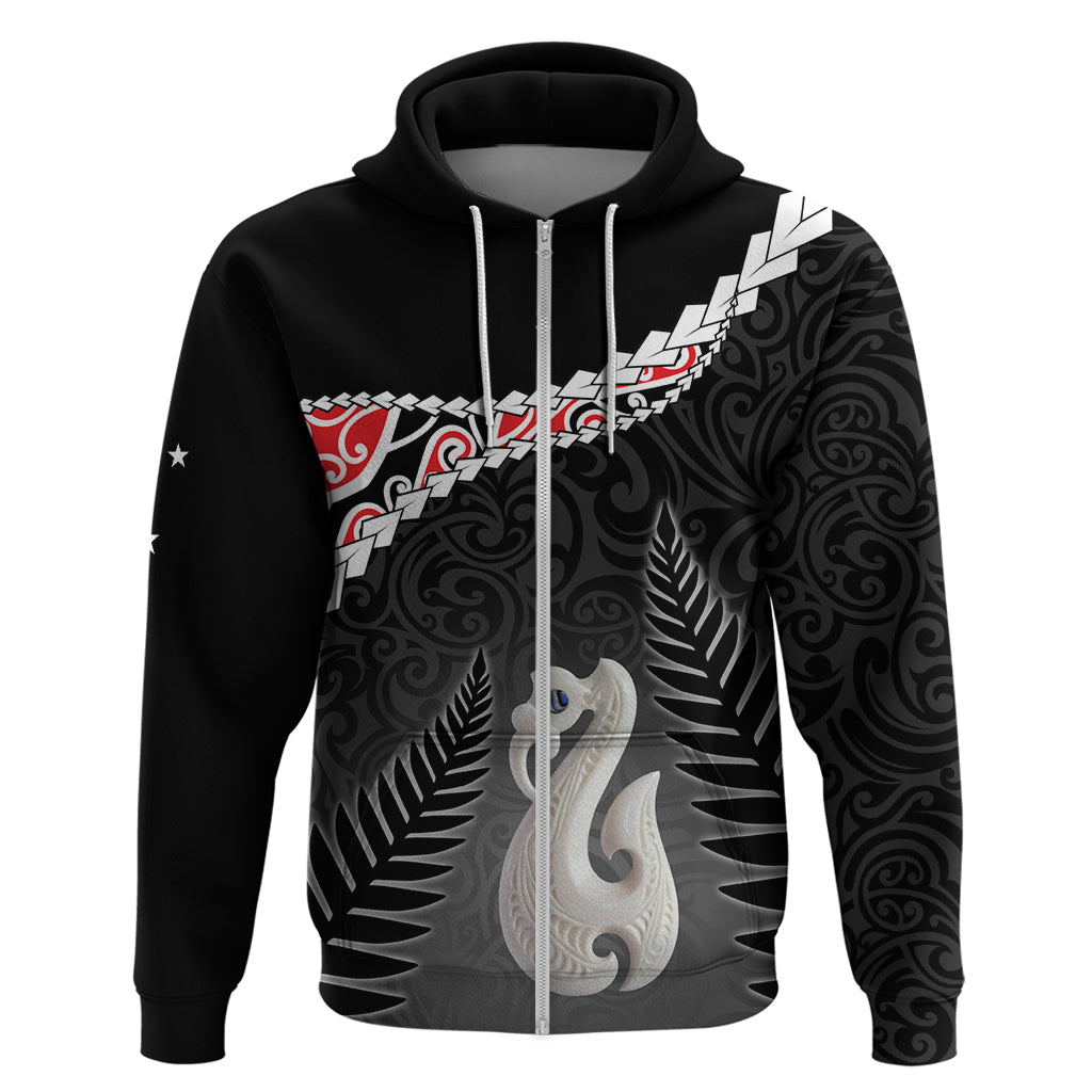 Personalised New Zealand Maori Zip Hoodie Manaia Mix Koru LT7 Zip Hoodie Black - Polynesian Pride