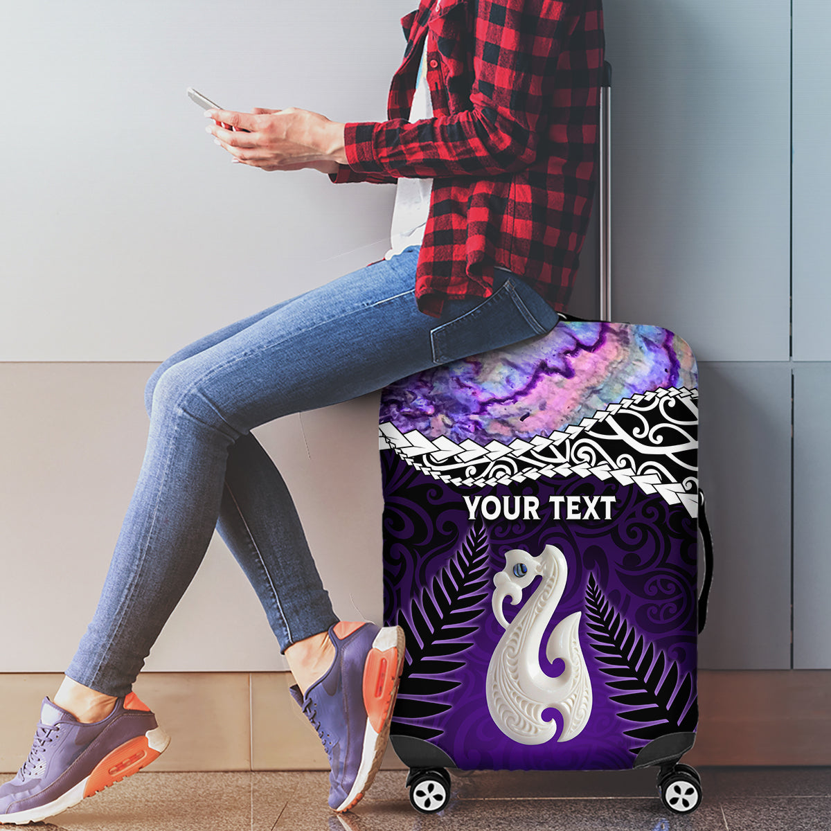 Personalised New Zealand Maori Luggage Cover Manaia Paua Shell Purple LT7 - Polynesian Pride