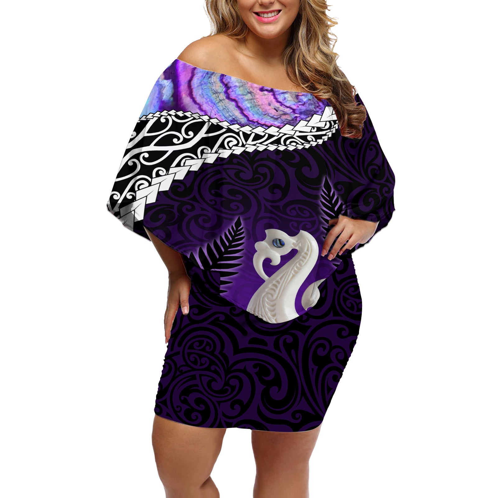 Personalised New Zealand Maori Off Shoulder Short Dress Manaia Paua Shell Purple LT7 Women Purple - Polynesian Pride