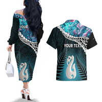 Personalised New Zealand Maori Couples Matching Off The Shoulder Long Sleeve Dress and Hawaiian Shirt Manaia Paua Shell Turquoise LT7 - Polynesian Pride