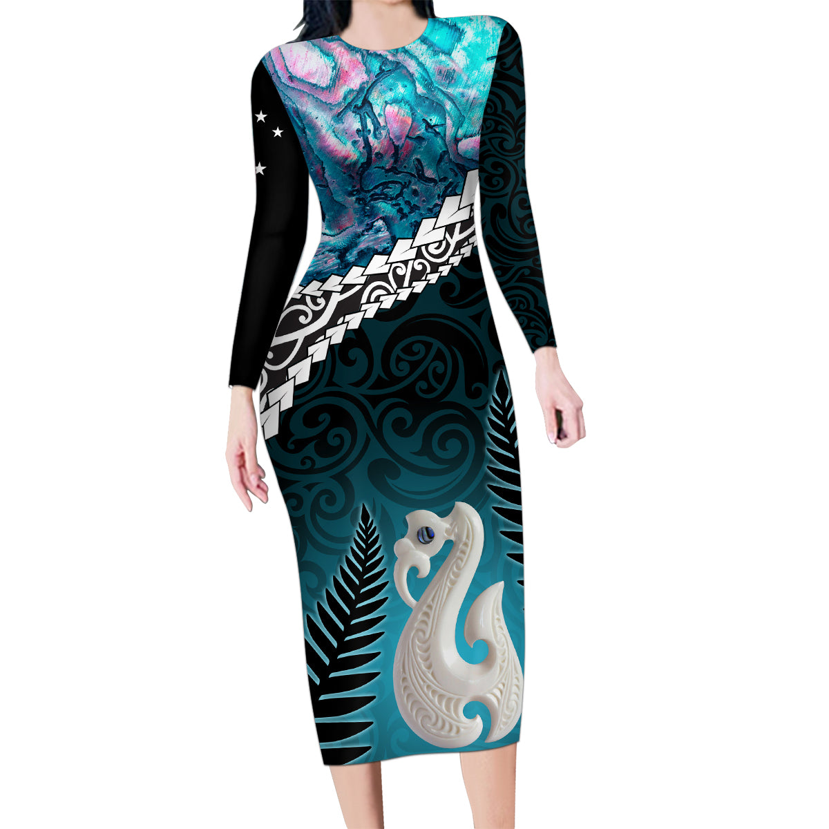 Personalised New Zealand Maori Family Matching Long Sleeve Bodycon Dress and Hawaiian Shirt Manaia Paua Shell Turquoise LT7 Mom's Dress Turquoise - Polynesian Pride