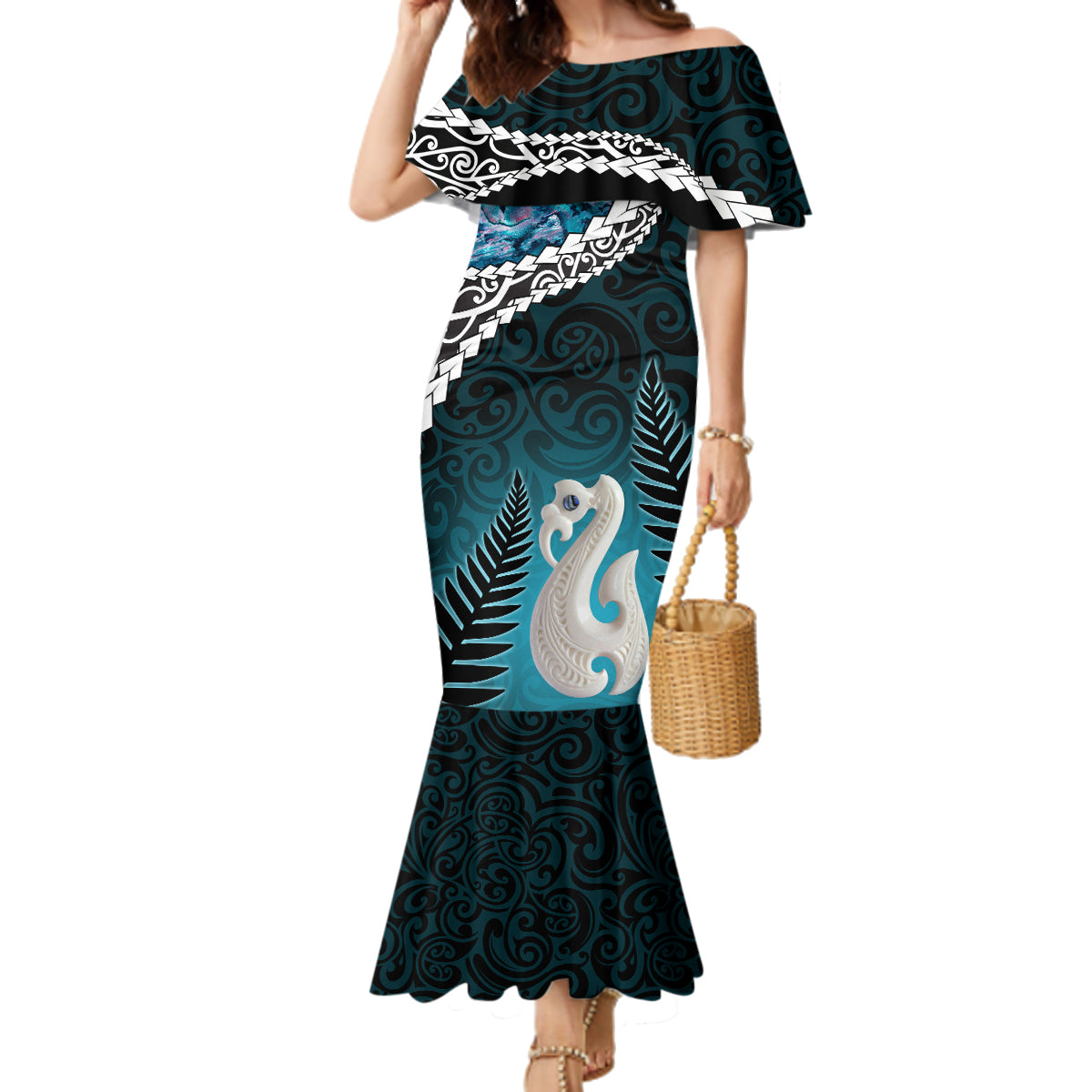 Personalised New Zealand Maori Family Matching Mermaid Dress and Hawaiian Shirt Manaia Paua Shell Turquoise LT7 Mom's Dress Turquoise - Polynesian Pride