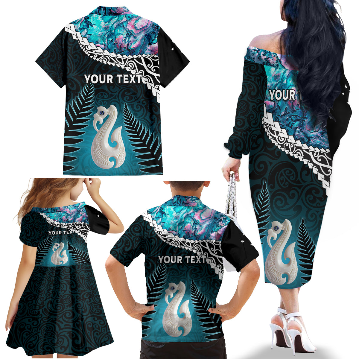 Personalised New Zealand Maori Family Matching Off Shoulder Long Sleeve Dress and Hawaiian Shirt Manaia Paua Shell Purple LT7 - Polynesian Pride