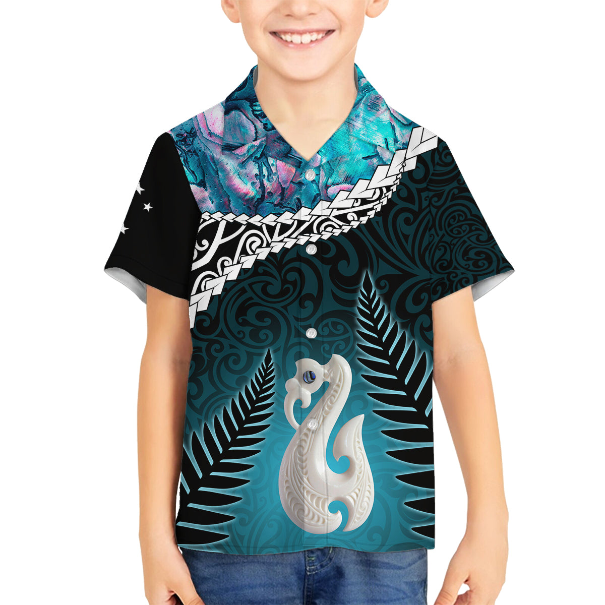 Personalised New Zealand Maori Family Matching Off Shoulder Long Sleeve Dress and Hawaiian Shirt Manaia Paua Shell Purple LT7 Son's Shirt Turquoise - Polynesian Pride