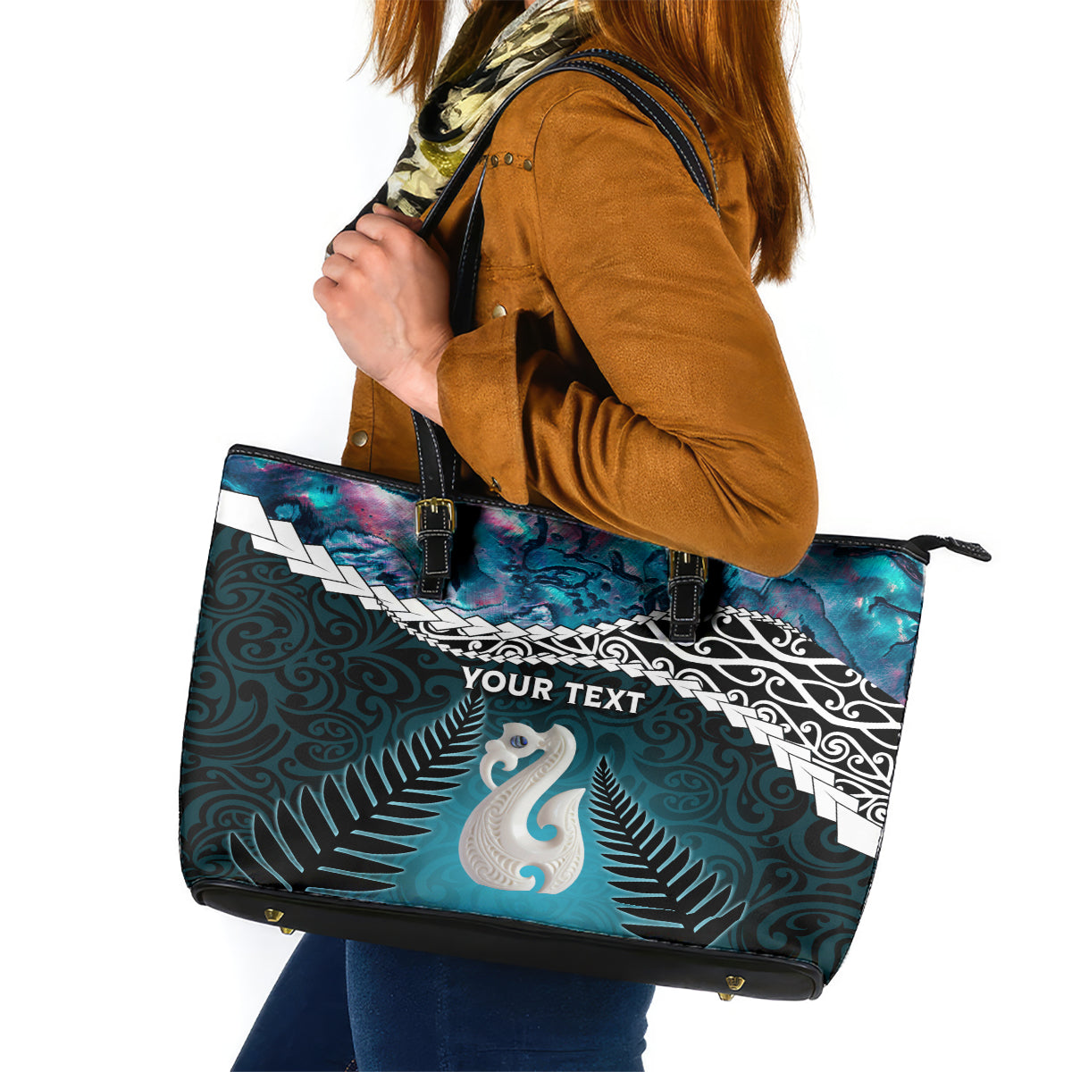 Personalised New Zealand Maori Leather Tote Bag Manaia Paua Shell Turquoise LT7 Turquoise - Polynesian Pride