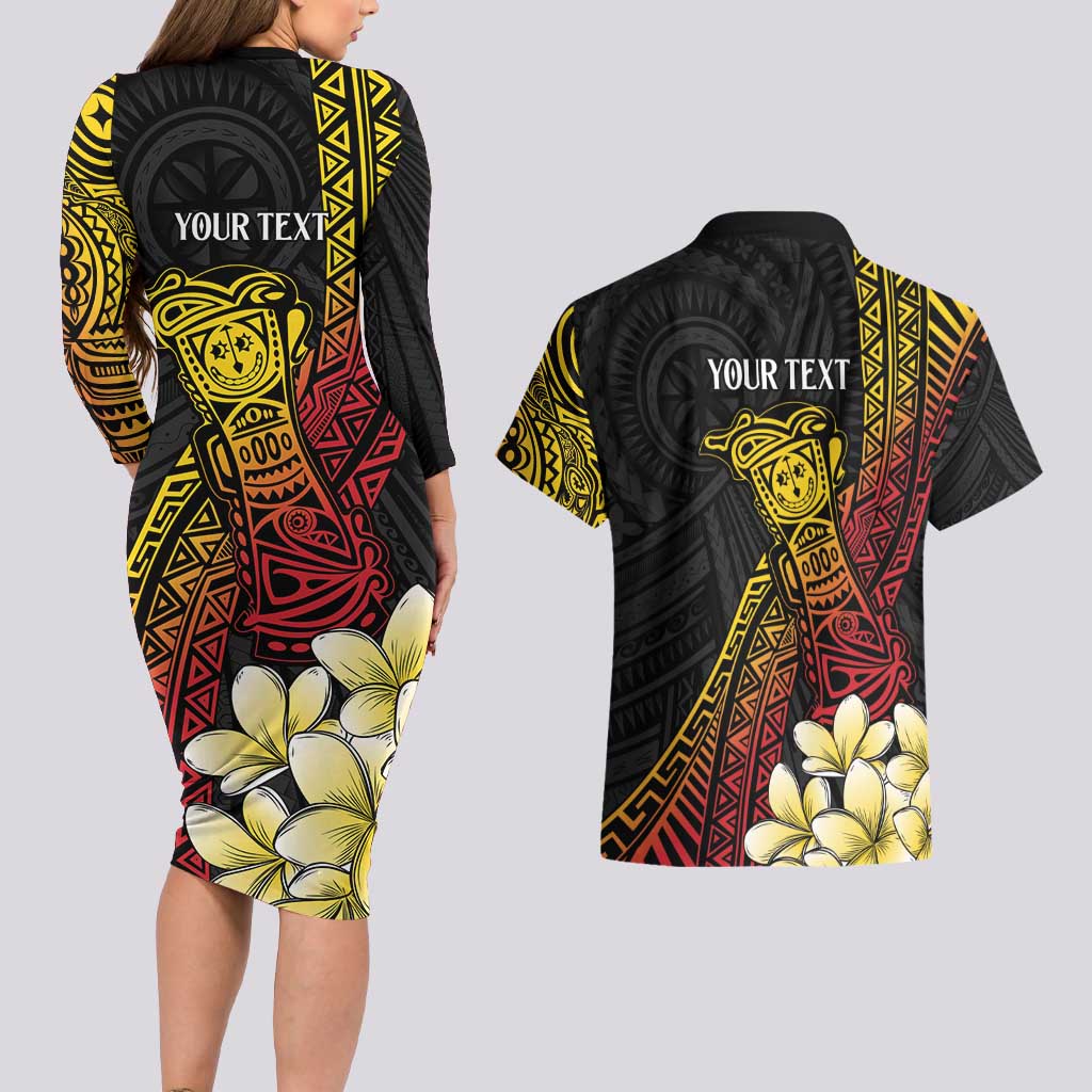 Personalized Papua New Guinea Couples Matching Long Sleeve Bodycon Dress and Hawaiian Shirt Kundu Drum Carving Motifs