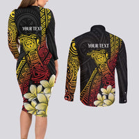 Personalized Papua New Guinea Couples Matching Long Sleeve Bodycon Dress and Long Sleeve Button Shirt Kundu Drum Carving Motifs