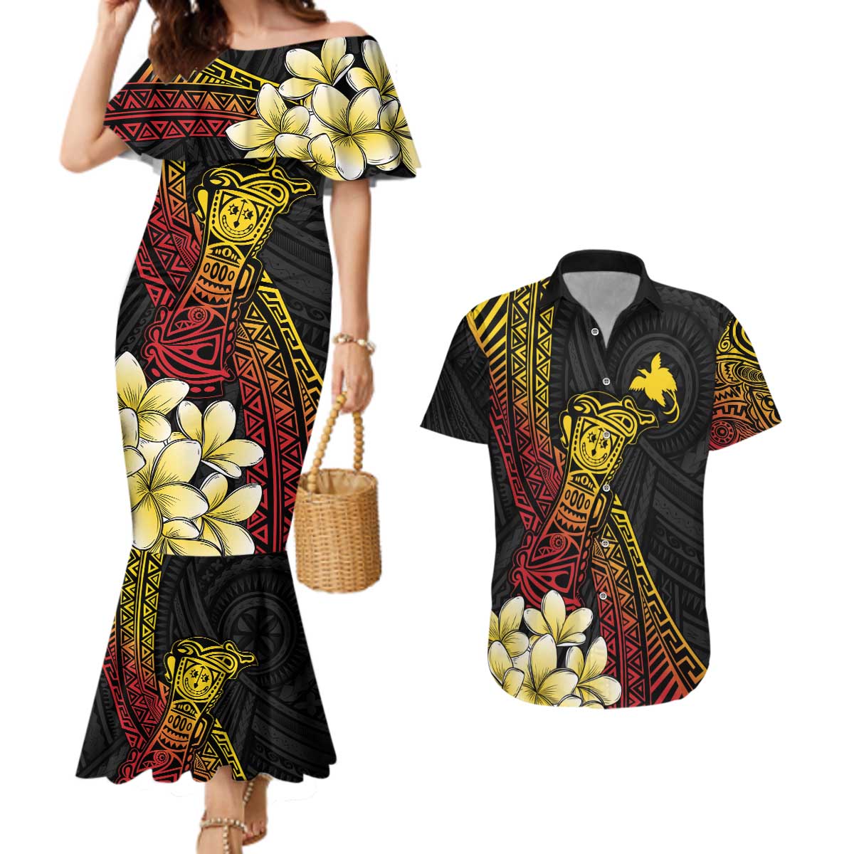 Personalized Papua New Guinea Couples Matching Mermaid Dress and Hawaiian Shirt Kundu Drum Carving Motifs