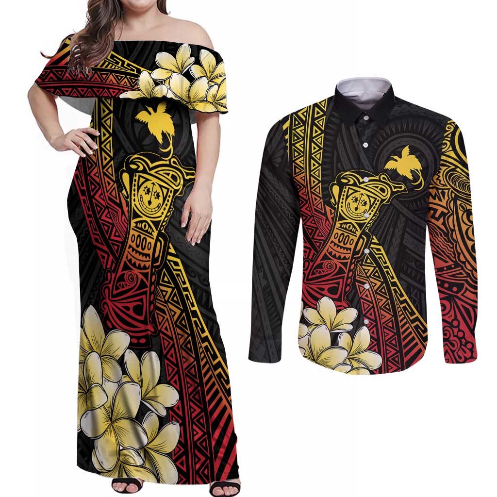 Personalized Papua New Guinea Couples Matching Off Shoulder Maxi Dress and Long Sleeve Button Shirt Kundu Drum Carving Motifs