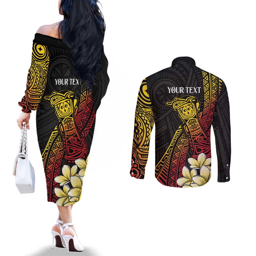 Personalized Papua New Guinea Couples Matching Off The Shoulder Long Sleeve Dress and Long Sleeve Button Shirt Kundu Drum Carving Motifs