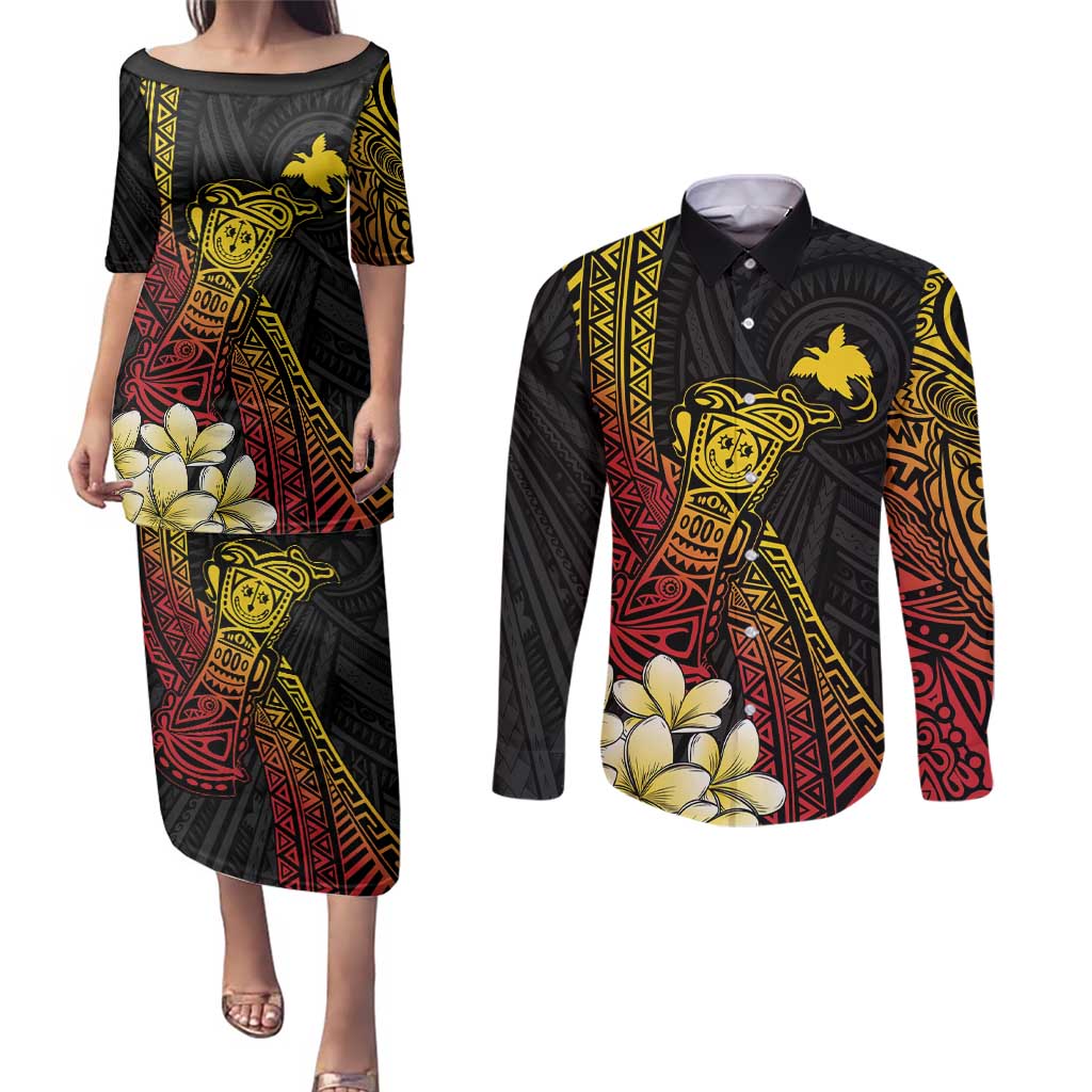 Personalized Papua New Guinea Couples Matching Puletasi and Long Sleeve Button Shirt Kundu Drum Carving Motifs