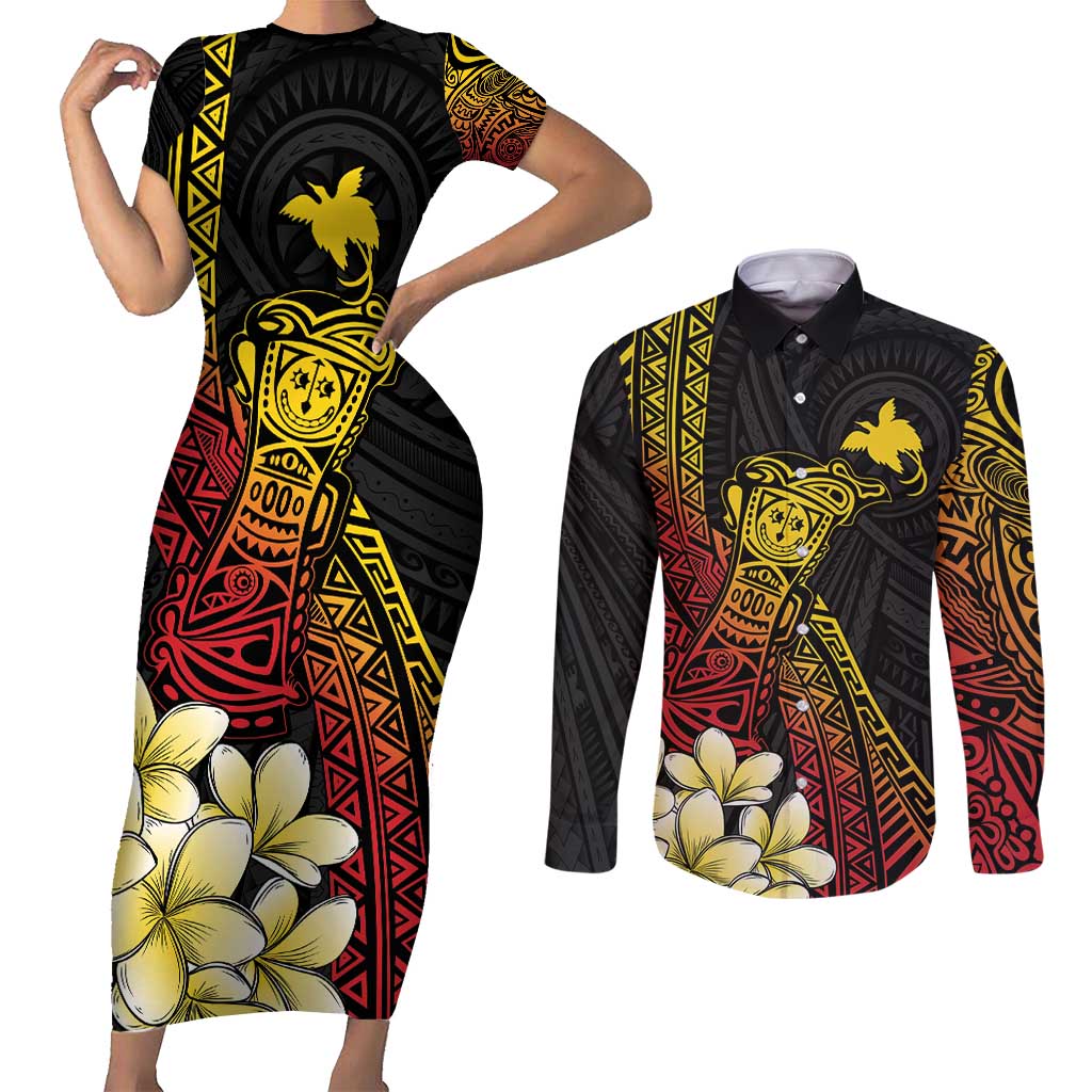 Personalized Papua New Guinea Couples Matching Short Sleeve Bodycon Dress and Long Sleeve Button Shirt Kundu Drum Carving Motifs